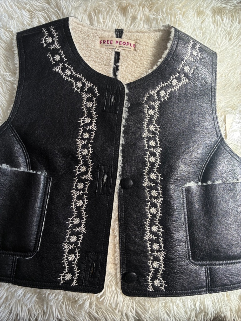 Free People Black Faux-Leather Sherpa Vest with White Embroidery